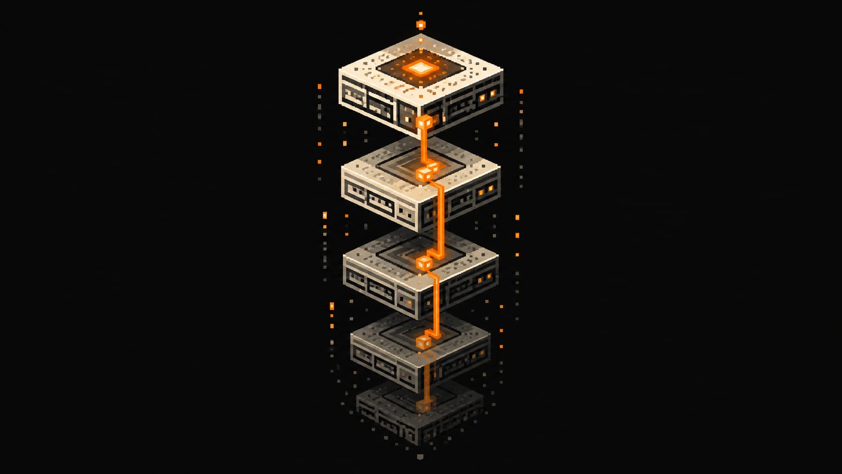 Pixel art illustration of historical blockchain data stored in archive layers