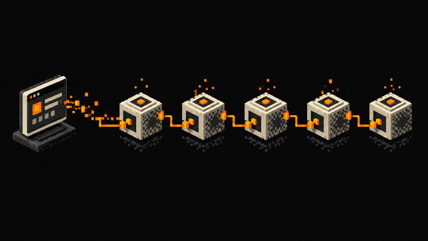 Pixel art illustration of blockchain nodes connected through RPC