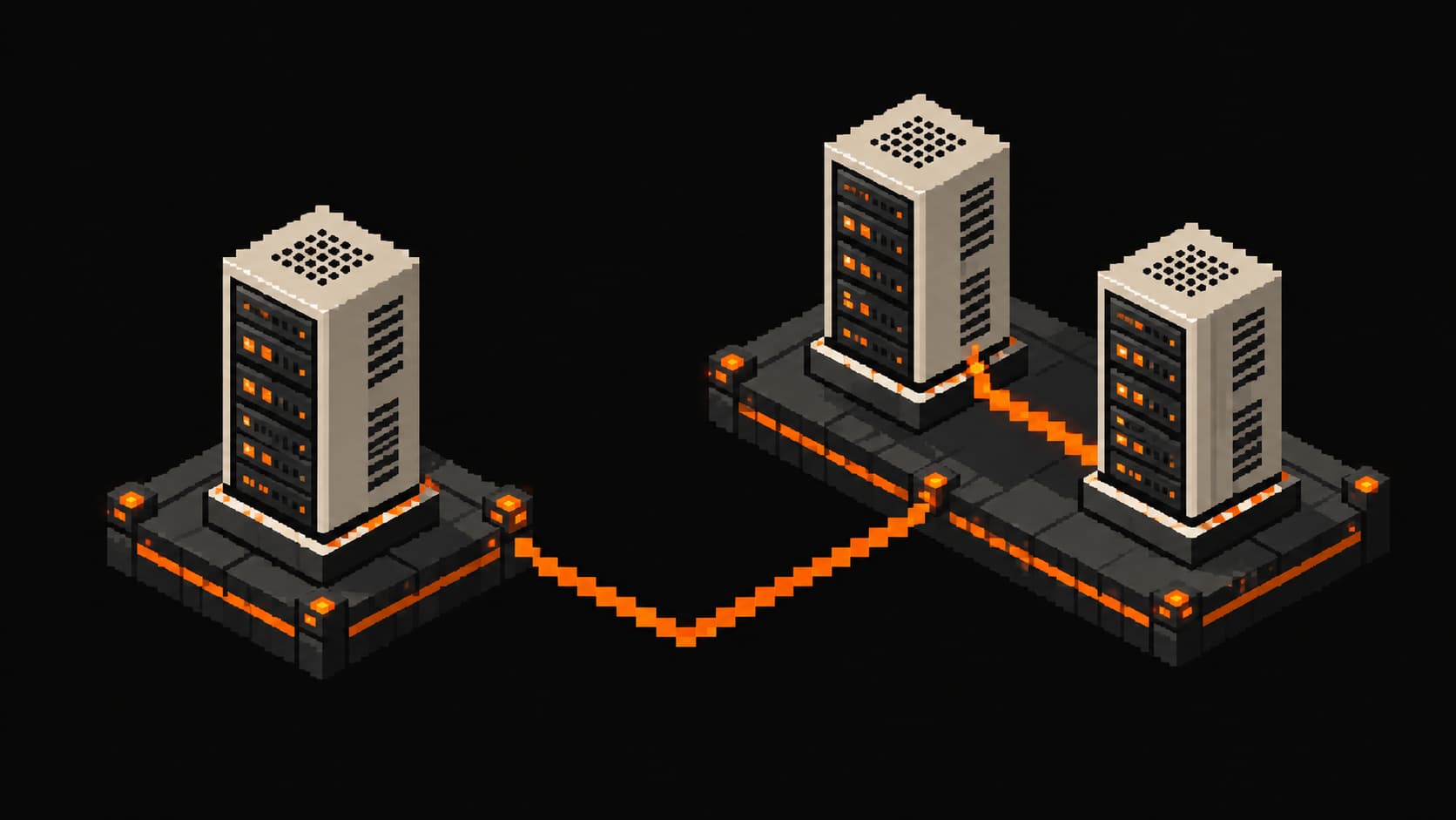 Pixel art illustration of a dedicated blockchain node cluster