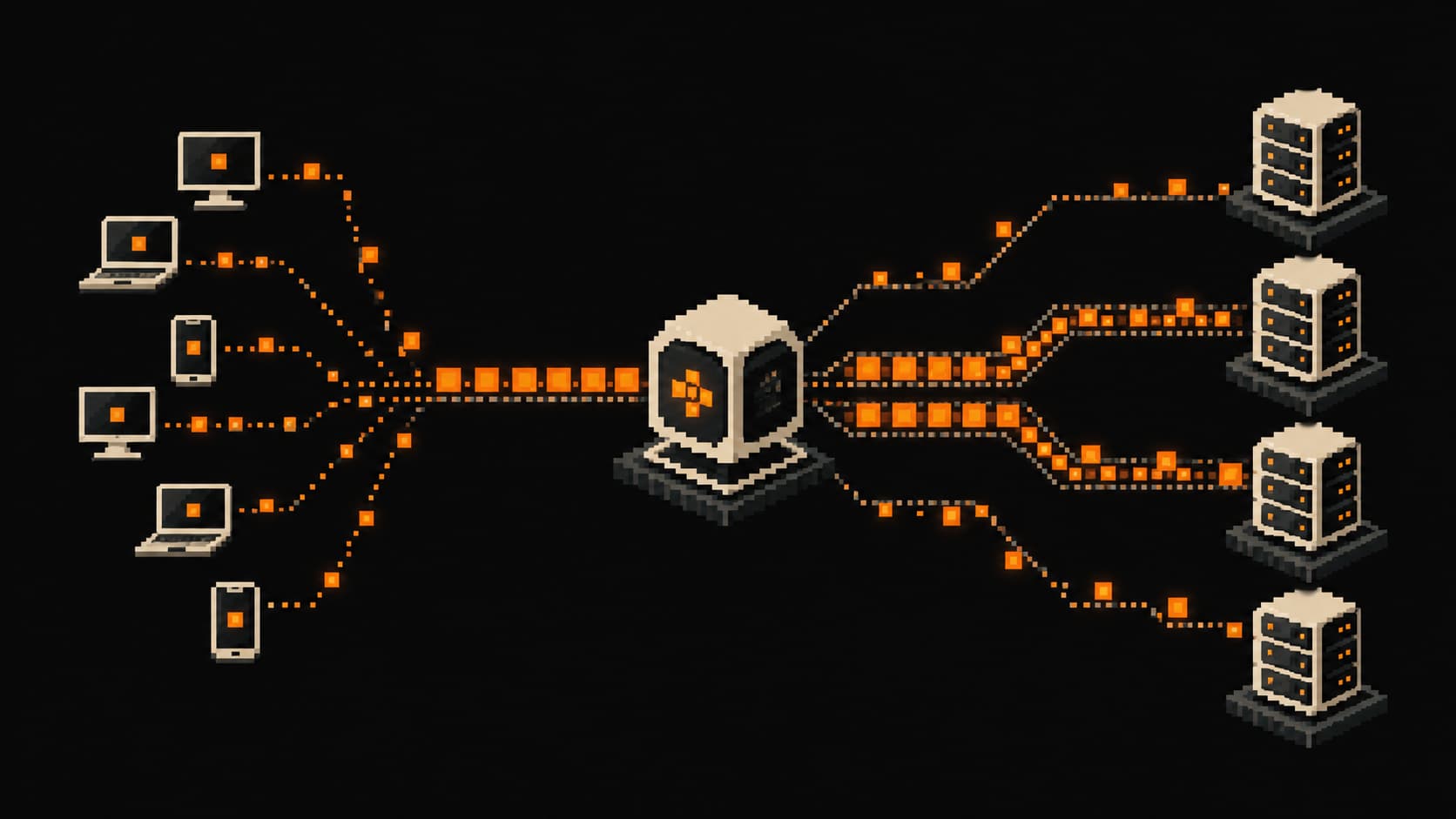 Pixel art illustration of RPC request traffic flowing between blockchain nodes